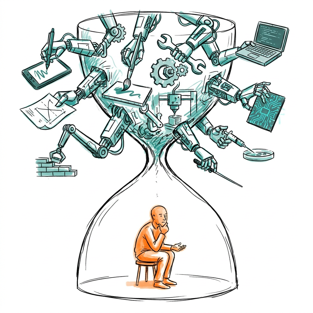 Identity as the narrow neck of the hourglass while AI executes around it
