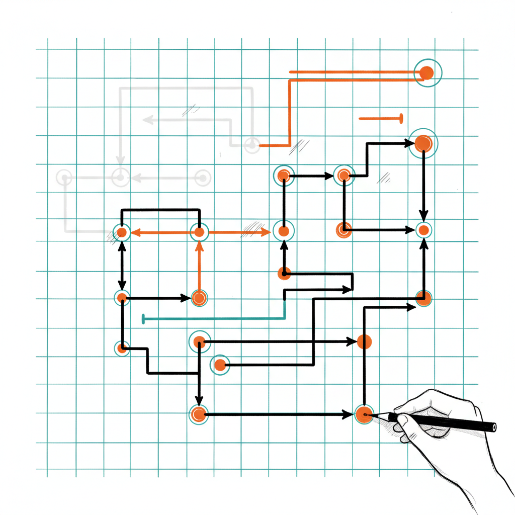A hand re-drawing a workflow on top of a faded grid, with new orange nodes and arrows replacing the old structure